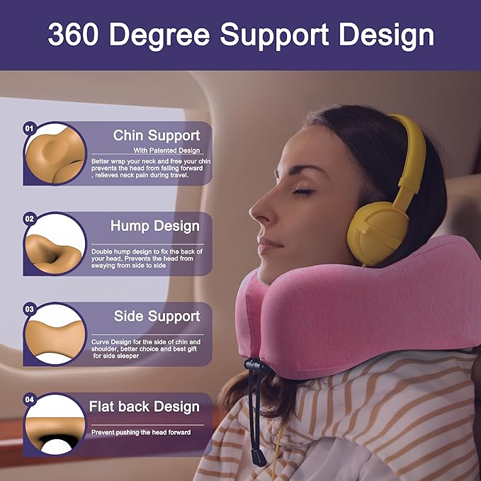 napfun Neck Pillow for Traveling, Upgraded Travel Neck Pillow for Airplane 100% Pure Memory Foam Travel Pillow for Flight Headrest Sleep, Portable Plane Accessories, Rose