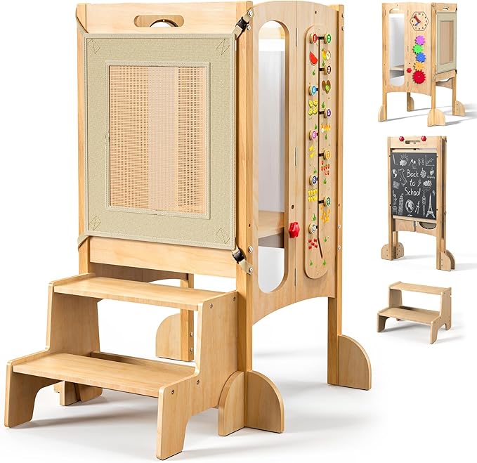 Foldable Toddler Tower, Kitchen Stool Helper with 2 Step Stool, Toddler Standing Tower for Kids with Safety Net, Adjustable Height, Chalk-Whiteboard &Montessori Activity Games