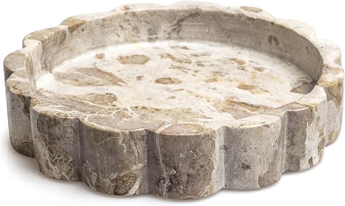 Beige Scalloped Marble Tray - 8 Inch Round Stone Vanity Tray for Perfume & Jewelry, Marble Dish for Bathroom Countertop & Kitchen Counter, Brown Decorative Tray for Bathroom & Kitchen, Modern Catchall