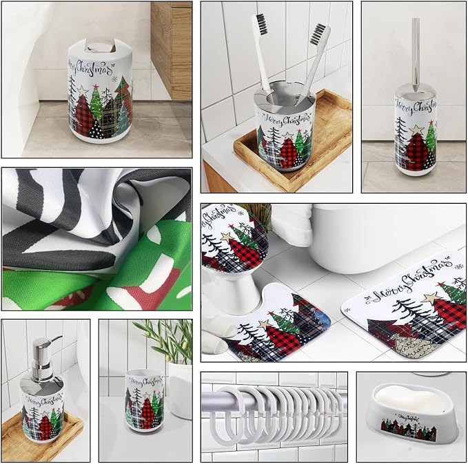 Clara Clark Bathroom Set - Christmas Bathroom Sets with Shower Curtain and Rugs, Xmas Bathroom Accessories Set, 22PC Christmas Shower Curtain Set with Liner, Soap Dispenser, Toilet Brush, & Trash Can