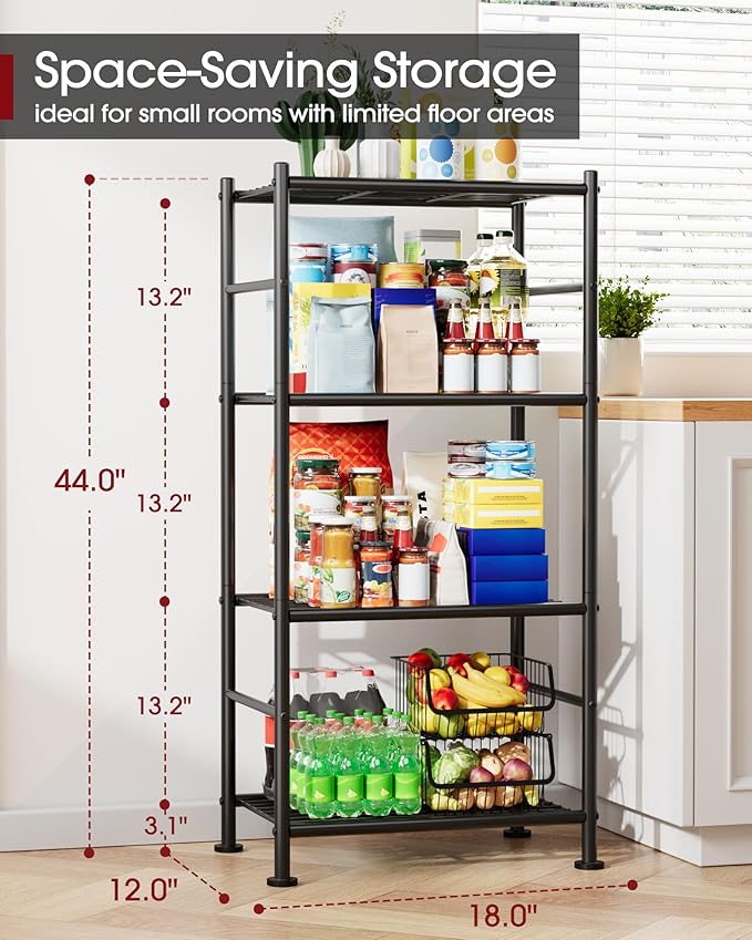 Sakugi Storage Shelves - 4 Tier Shelf Organizer, Sturdy Metal Garage Shelving with Adjustable Leveling Feet, Space-Saving Shelves Organizer for Pantry, Laundry, Kitchen (18" x 12" x 44", Black)
