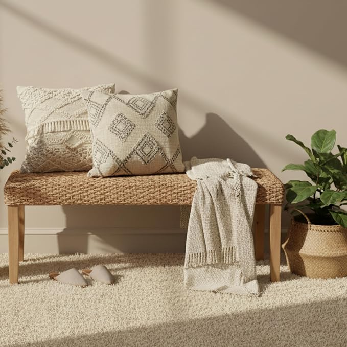 Indoor Bench Wicker for Entryway Bench, Wood Bench for Living Room Dining Bench or End of Bed Bench, 47" Boho Bench with Solid Wood Acacia & Natural Woven Seat, Rustic Farmhouse Rattan Hallway Bench