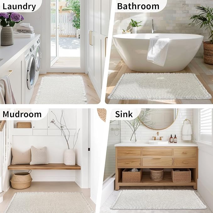 White Bathroom Rugs, Waffle Bath Mat Non Slip Washable, Super Absorbent & Quick Dry, Boho Bath Mat Farmhouse Bathroom Decor, 24'' x 36'', White