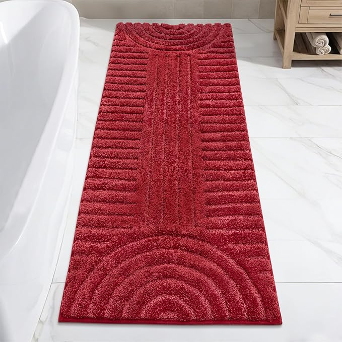SHACOS Super Soft Bathroom Runner Rugs 24"x60" Non Slip Boho Bath Mats Microfiber Absorbent Carpet for Bath Room Machine Washable Shaggy Bath Rugs for Shower Bathtub Home Decor, Red 2'x5'