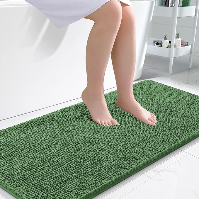 OLANLY Bathroom Runner Rugs 47x24, Soft Absorbent Chenille Bath Rugs, Rubber Backing Quick Dry, Machine Washable Long Bath Mats for Bathroom Floor, Tub and Shower, Home Decor Accessories, Olive Green