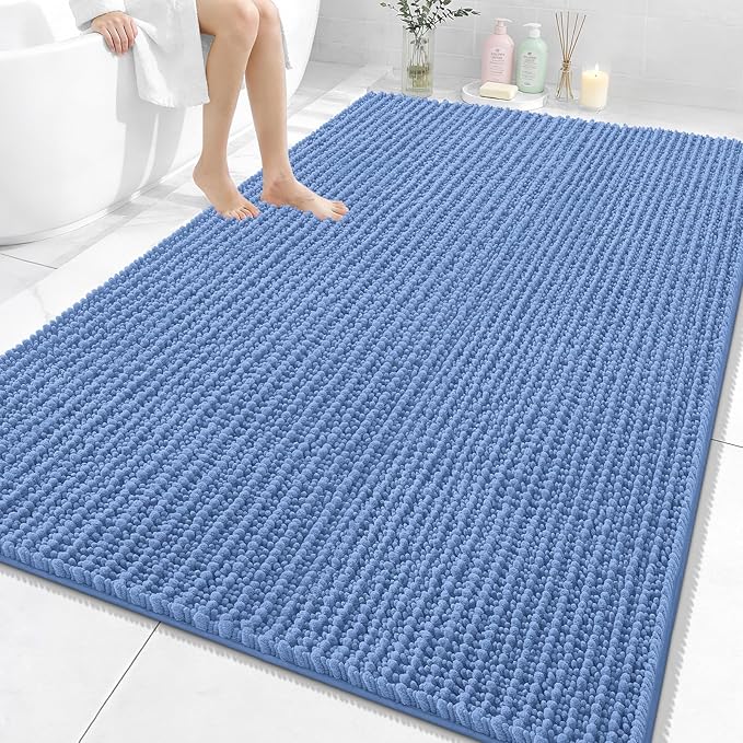 OLANLY Bathroom Rug Mat 70x46, Thick Soft and Absorbent Chenille Bath Mat, Non-Slip Rubber Backing, Machine Washable Quick Dry Bath Rugs for Tub Shower Floor, Home Decor Accessories, Cornflower Blue