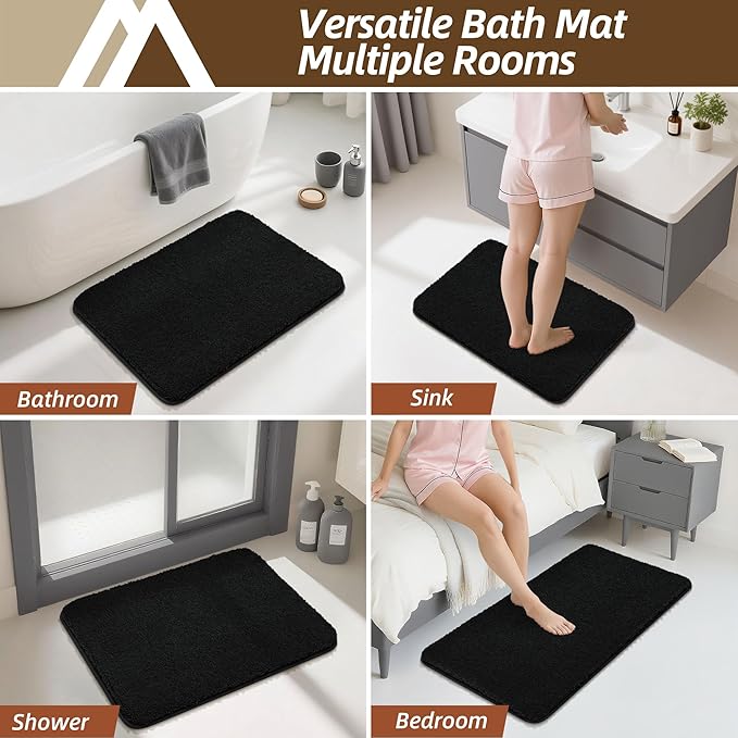 COSY HOMEER Bathroom Rugs Mat 24”x48” Absorbent Non-Slip Bath Mat Plush Shaggy Machine Washable Bath Rugs Soft Polyester Bath Mats for Bathroom Floor,Tub and Shower,Black