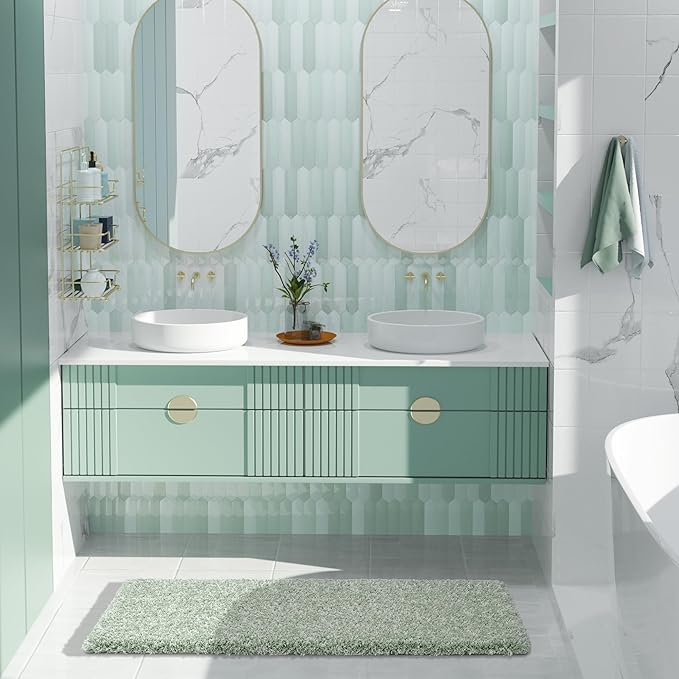 Yimobra Light Green and White Bathroom Rugs Non Slip Washable 44X24, Ultra Soft and Water Absorbent Bath Mats, Plush Fluffy Shower Mat Outside, Luxury Microfiber Thick Matts for Bathroom Floor/Tub