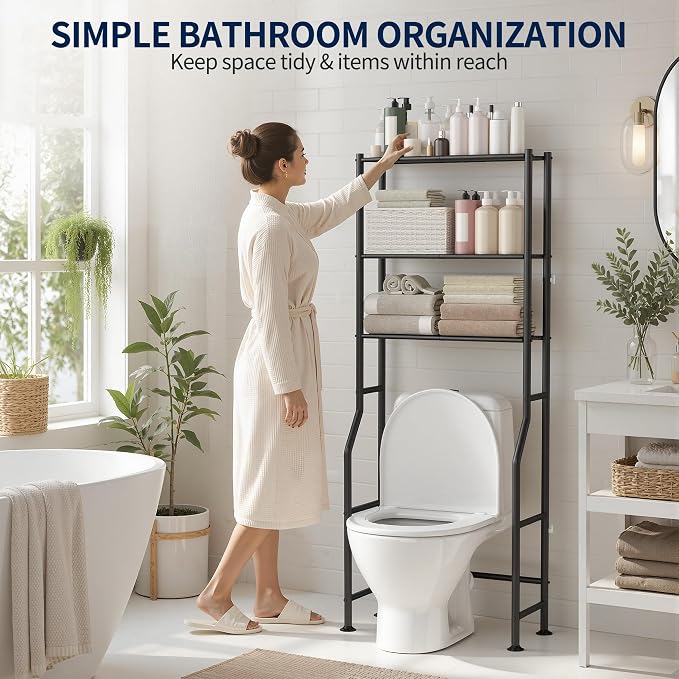 GloTika 3-Tier Over Toilet Storage Rack, Metal Over Toilet Bathroom Organizer Shelf, Freestanding Space Saver Storage Shelves for Bathroom/Laundry/Living Room (Black)