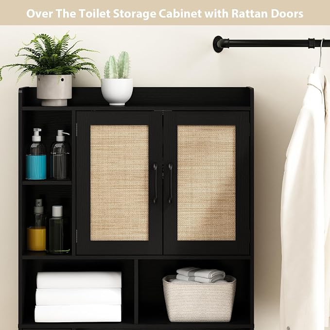 RUSTOWN Rattan Over The Toilet Storage Cabinet, Boho Over Toilet Bathroom Organizer with 2 Doors & Adjustable Shelves, Modern Above Toilet Rack with Toilet Paper Holder for Bathroom, Laundry(Black)