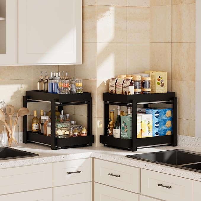 APRTAT 2 Pack Under Sink Organizer, Bamboo Wooden 2-Tier Pull-Out Storage with Sliding Drawers for Kitchen and Bathroom Cabinets, Easy Installation (Black, 2 Packs)