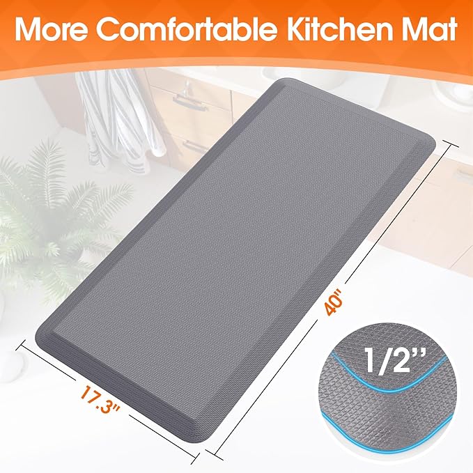 TranquilRelax Kitchen Mat, Cushioned Thick Floor Comfort Mat, with Non-Slip Bottom, Waterproof & Stain Resistant & Easy Clean, Standing Desk Mat for Kitchen, Sink, Office (17.3''x39'', Grey)
