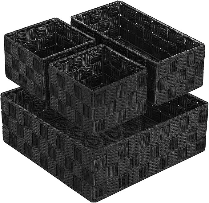 Posprica Small Black Baskets Cube Bin Container Tote,Woven Storage Baskets for Organizing Organizer Divider for Drawer, Closet, Shelf, Dresser, Set of 4