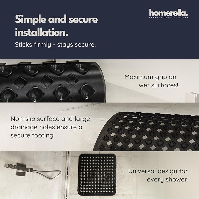 homerella® Shower Mat Non Slip Anti Mold, Non Slip Shower Mats for Inside Shower Stall Anti Slip Mat, Square Shower Floor Mat 21 x 21 in with Suction Cups & Hooks for Quick Drying, Machine Washable