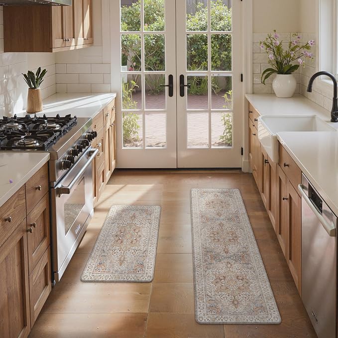 GENIMO Kitchen Mats for Floor, 2PCS Kitchen Rugs Non Slip Washable, Waterproof Anti Fatigue Mat, Comfort Standing Runner Rug for Sink, Office, Laundry, Home, 17.3"x59"+17.3"x30", Orange&Brown