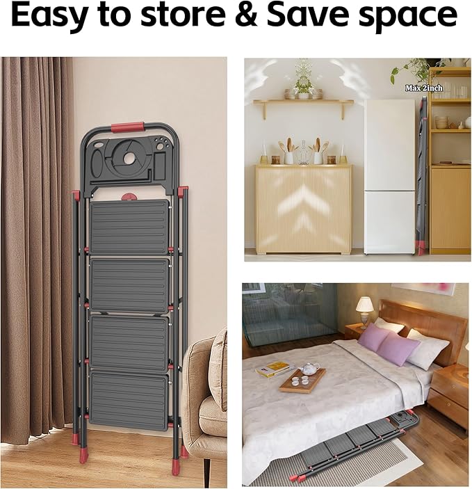 4 Step Foldable Step Ladder with Mutifunctional Tool Tray, Platform Ladders Stepstools, Step Stool 4 Step Folding with Non-Slip Pedals, 800lbs Bearing Capacity for Adults, Home, Kitchen, Black Red