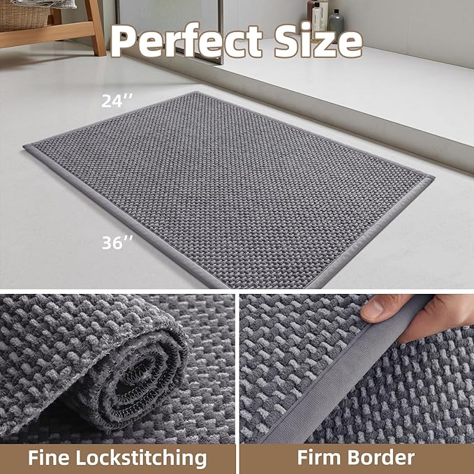 PADOOR-Bath Mat-Super Absorbent Chenille Bathroom Mats-Rubber Backed Bath Mats for Bathroom Non Slip, Easy Clean Bathroom Rugs Front of Bathtub,Shower Room,Sink-24×36, Grey&Darkgrey