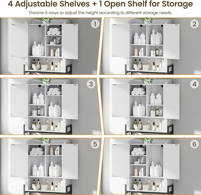 Memobarco Over The Toilet Storage Cabinet, Over Toilet Organizer with 2-Door & Metal Stand, Bathroom Organizers and Storage with Adjustable Shelves for Bathroom, Restroom, Laundry, White