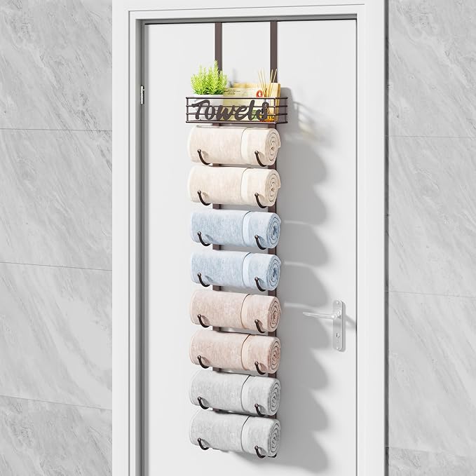HapiRm Towel Racks for Bathroom Storage - 9 Tier Over The Door & Wall Mount Rolled Towel Storage Organizer Holder with Metal Shelf Basket for Small Bathroom, Camper, Rv - Bronze, Patented