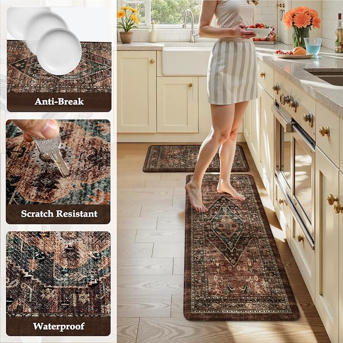 KIMODE Kitchen Mats for Floor Cushioned Anti Fatigue, Floral Kitchen Rugs Sets of 2, Brick Rugs for Kitchen Floor, Comfort Kitchen Floor Mats, Ergonomic Standing Desk Mat for Sink Laundry Room Decor