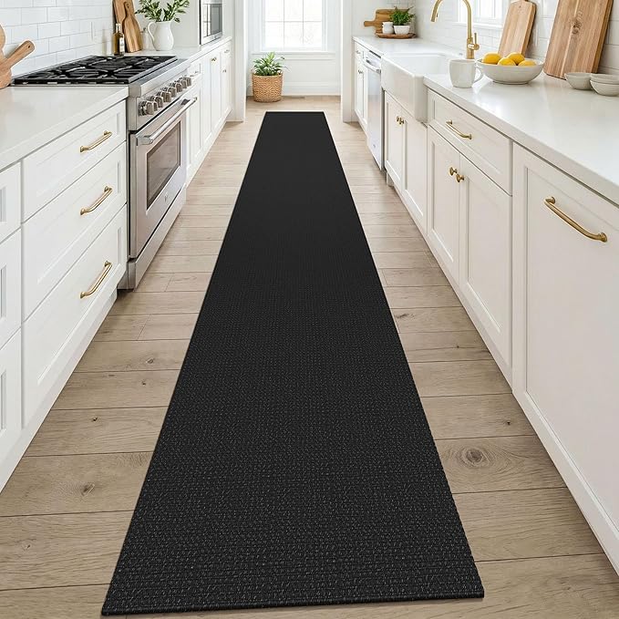 KOZYFLY Black 2x14 Runners Rugs for Hallway, Long Washable Runner Rug, Woven Non Slip Kitchen Runner, Flatweave Entryway Rug, Floor Carpet for Entry, Aisle, Hall, Black/Dark Grey