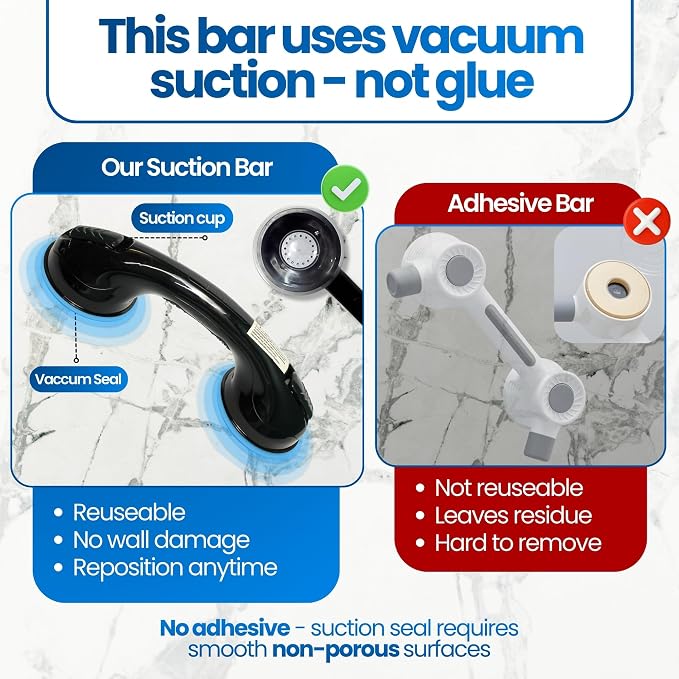 Safe-er-Grip Changing Lifestyles Suction Cup Balance Assist Bar for Bathtubs & Showers; Safety Bathroom Grab Bar Handle, All Black, 12 inches