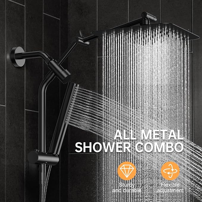 Veken All Metal 10" Black Shower Head with Handheld, Luxurious Square Double Rain Shower Heads with Spray Combo, Dual High Pressure Detachable Rainfall Showerhead with Arm,Bathroom Upgrade,Matte Black