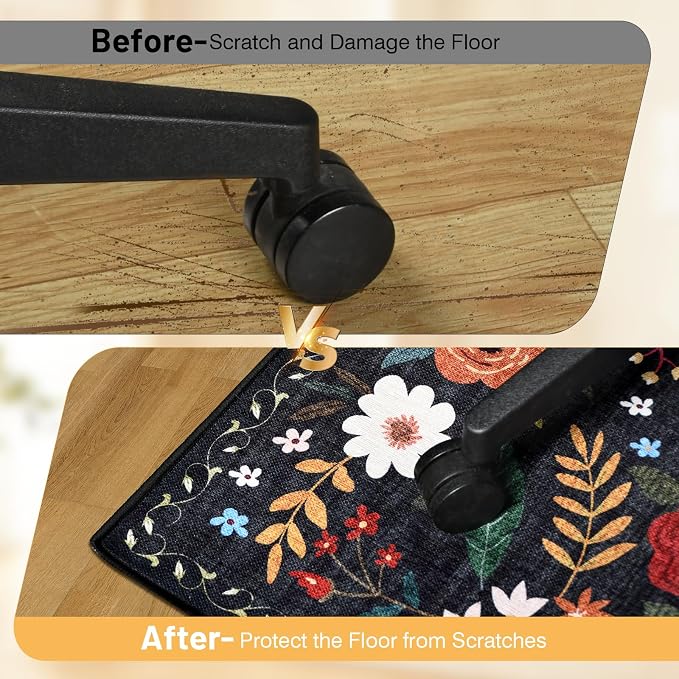 Office Chair Mat for Hardwood Floor & Tile Floor,36"x48"Heavy Duty Desk Chair Mat for Hard Floors, Under Desk Rug for Rolling Computer Chair,Anti Slip,Low Pile Carpet Floor-Black Multicolor Flower