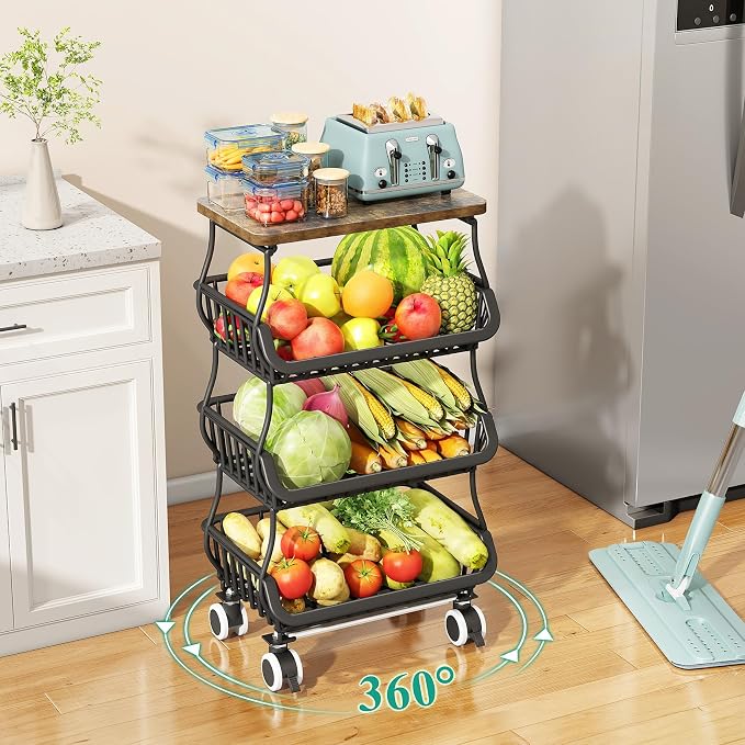 SAYZH Fruit Basket Kitchen Pantry Organizers and Storage - Wooden Top Table, Stackable Metal Wire Basket Stand Cart for Fruit Vegetable Snacks Onion Potato Organization (Black, 4 Tiers)