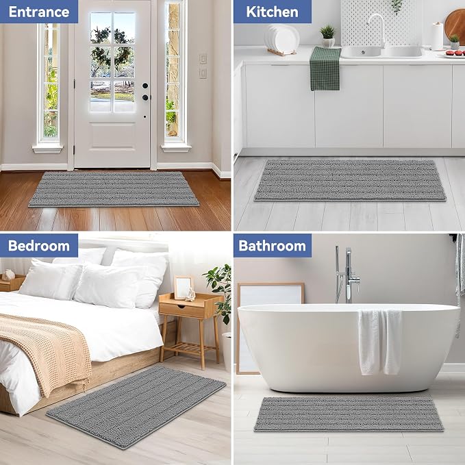 Bcoimo Long Bathroom Rug, Chenille Bath Runner with High Low Pile Design, Soft Absorbent Non Slip Bath Mat, Machine Washable Quick Dry Rug for Shower, Tub, Sink and Vanity