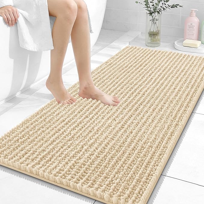 OLANLY Long Bathroom Rugs Runner 47x24, Thick Soft and Absorbent Chenille Bath Mat, Non-Slip, Machine Washable Quick Dry Bath Rugs for Tub Shower Floor, Home Decor Accessories, Beige