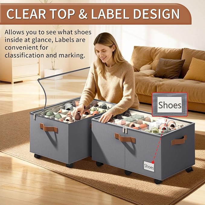 Shoe Organizer for Closet, 2 Pack Shoe Storage Organizer with Wheels and Adjustable Dividers, Stackable Shoe Storage Box with Clear Cover, Foldable Closet Shoe Organizer Fits up to 24-48 Pairs, Gray