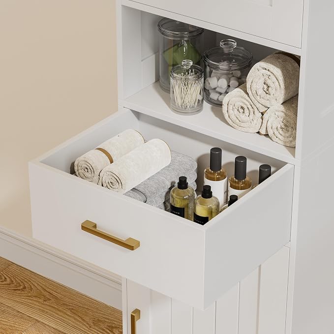 Homhedy 67" H Bathroom Storage Cabinet, Tall Storage Cabinet with Adjustable Shelves, Freestanding Cabinet with Doors and Drawer, Narrow Cabinet for Bathroom, Living Room, Kitchen, Dining Room, White