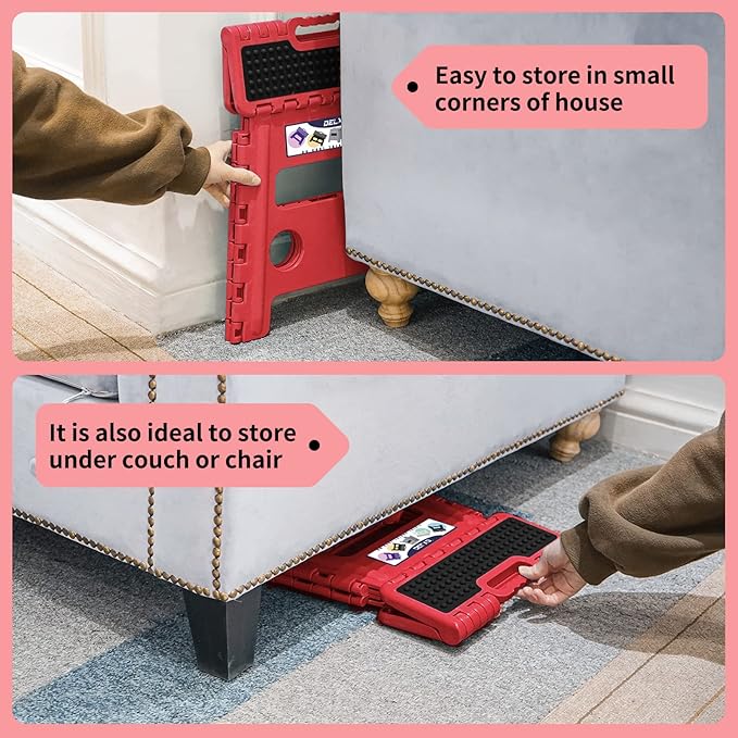 Delxo Folding Step Stool, 13 inch Non-Slip Foldable Stools Up to 300 LBS, Step Stool with Handle, Lightweight for Kitchen, Bathroom, Bedroom, Garden, Dotted Texture, Red,1PC