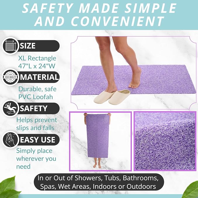 Soft Shower Mat Non Slip - PVC Loofah Inside or Outside Showers, Bathtubs, Bathrooms, and Wet Areas - Safe for Textured Tiled and Smooth Floor - No Suction Cups Secure Anti Slip (Purple Mix 24 x 47)