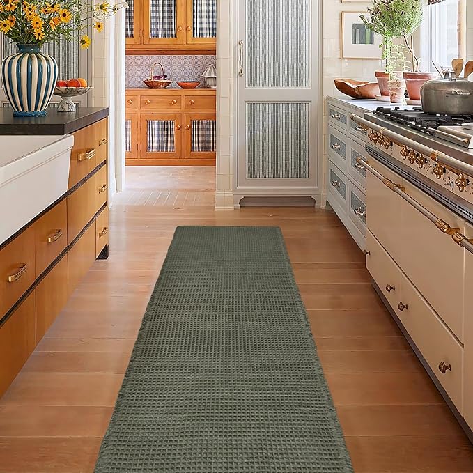 ZALL Waffle Bath Mat,Super Absorbent Non Slip Long Bathroom Runner Rug,Dark Green 24X72inch,Machine Washable Ultra Soft Floor Mats