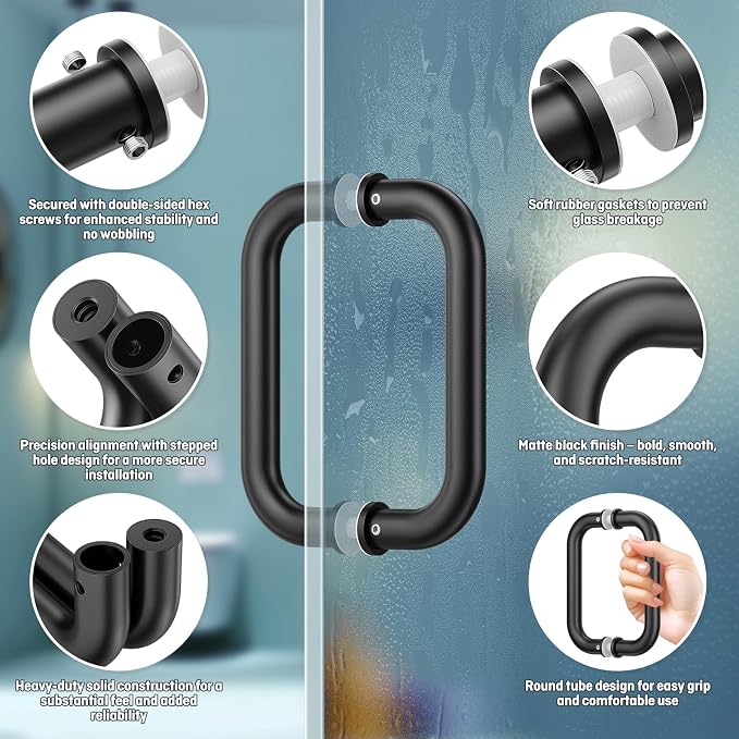 Ranbo Matte Black 6" （CTC） Tubular Back-to-Back Shower Door Handle，3/4" Diameter Pull Handles with Metal Washers, for 1/4"- 1/2" Thick Glass and 1-3/8" - 2-1/6" Thick Wooden or Metal Doors