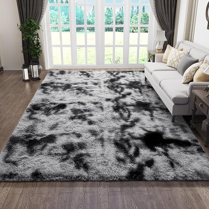 Ophanie Tie-Dyed Black&Grey Area Rugs for Bedroom Living Room, Fluffy Shag Fuzzy Carpet, Plush Shaggy Rug, 4x6 Indoor Carpet for Kids Boys Dorm Home Decor Aesthetic, Nursery