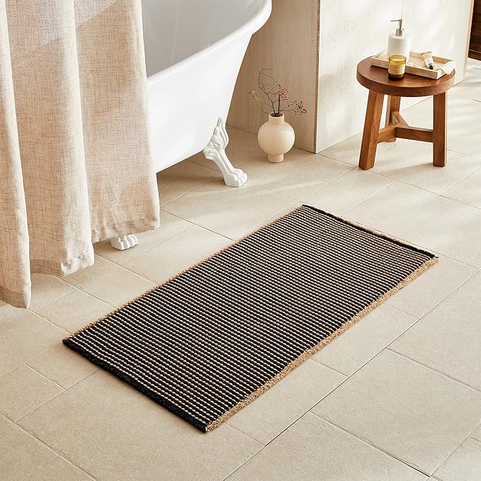 TYUU Waffle Bath Mat, Boho Bathroom Rugs Non Slip Washable Super Absorbent Quick Dry Bath Mat Farmhouse Bathroom Decor, 48"x24" Khaki and Black