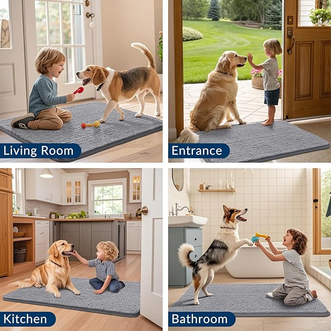 Smiry Dog Door Mat for Muddy Paws 54x32, Absorbent Dirt Trapper, Non-Slip Washable Chenille Entryway Rug for Inside Floor, Grey, Classic Solid