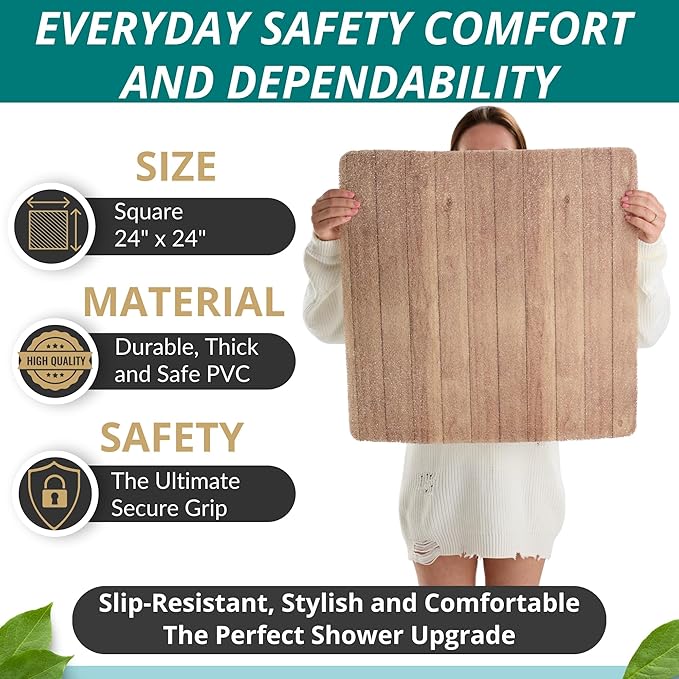 Anti Slip Shower Mat Square - Non Slip Shower Mats for Inside Shower - 24x24 Shower Floor Mat Non Slip - Square Bath Mat for Shower - Secure Loofah Shower Mat No Suction Cups (24x24 Wood Teak)