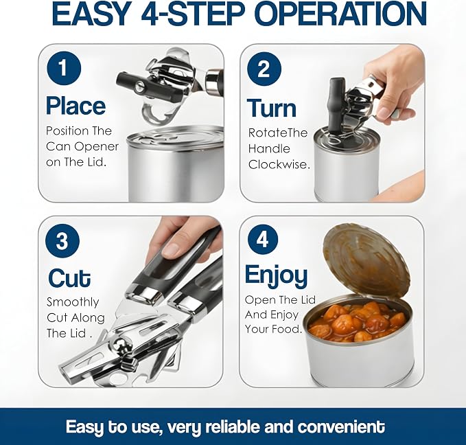 Manual Can Opener – Easy Grip Can Opener Manual, Smooth Edge Design, Durable Stainless Steel, Can Openers for Seniors, Effortless Turning, Kitchen Tool (Silver&Black)