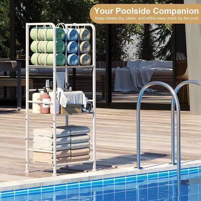 Towel Rack Free Standing 3-Tier M-Shaped Detachable Dividers, Durable Metal Holder, Pool Towel Rack, Space-Saving Towel Storage Organizer, Modern Bath Towel Shelf for Home, Poolside, White