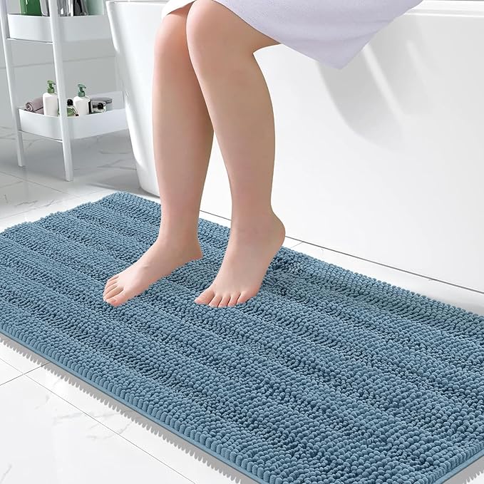 OLANLY Thick Large Bathroom Rugs 50x30, Extra Soft Absorbent Chenille Striped Bath Rugs, Rubber Backing, Machine Wash, Bath Mats for Bathroom Floor, Tub and Shower, Home Decor Accessories, Airy Blue