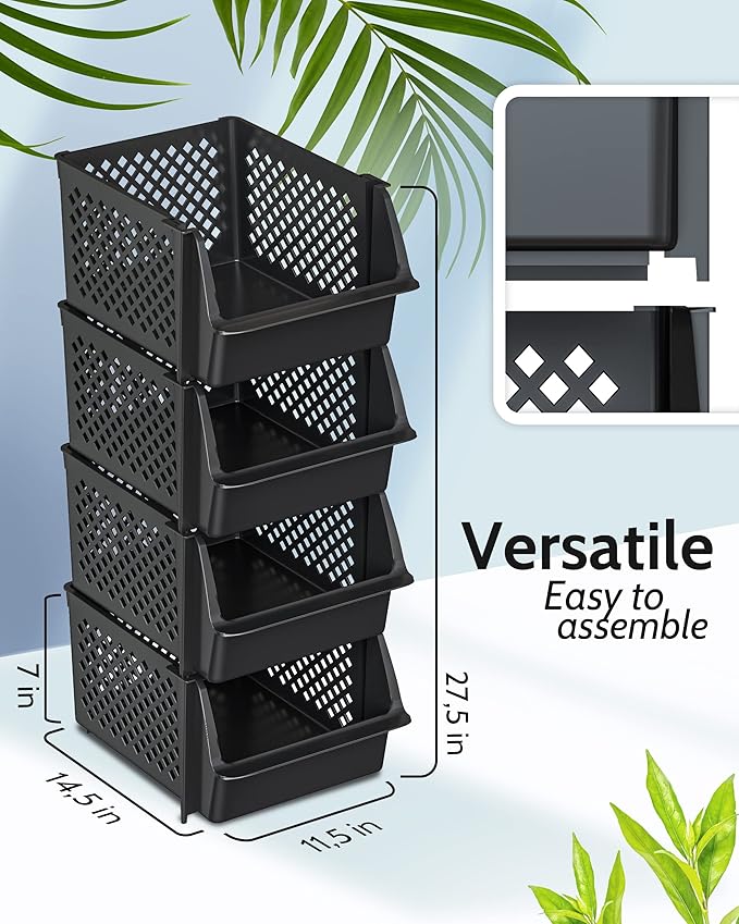 TidyFriend 4 Pack Stackable Storage Bins Open Front for Pantry Organizers and Storage, Pantry Storage for Food, Kitchen and Home Organization, Plastic Storage Bins, Dorm Room Essentials (Black)