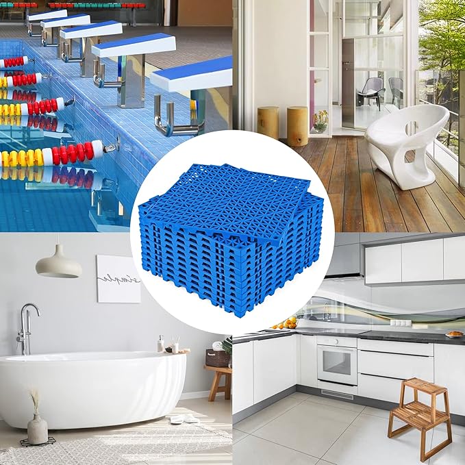 ToLanbbt Modular Interlocking Cushion 12P 11.8" x 11.8" Interlocking Rubber Floor Drain Holes Non-Slip Splicing Drainage Mats for Deck, Shower, Kitchen, Drain Pool, Sauna Bath, Indoor Outdoor (Blue)
