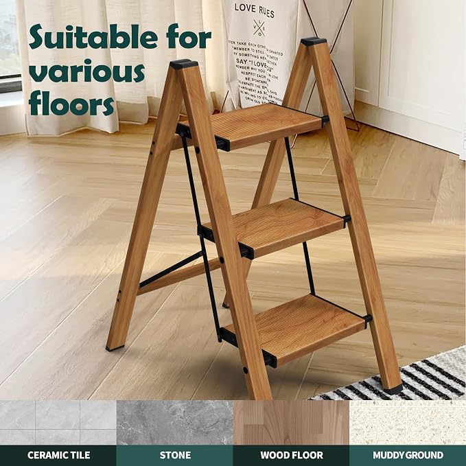 Taranta 3 Step Ladder,Aluminum Lightweight Folding 3 Step Stool with Anti-Slip Wide Pedal, 330lbs Capacity Step Ladder for Household,Kitchen,Office - Woodgrain