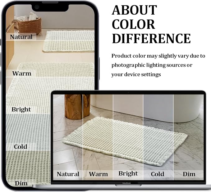 JIUZHEN Set of 2 Waffle Bath Mats Non Slip Waffle Bathroom Runner Rug Washable Boho Runner Bath Rugs Super Absorbent Shower Mat for Bathroom Kitchen Hallway Laundry, 20" x 32" +24" x 60", Cream