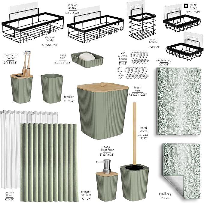 Clara Clark Bathroom Accessories Set - 27PC Bathroom Set with Adhesive Corner Shower Caddy Hanging, Bathroom Sets with Shower Curtain and Rugs, Ombre Sage Green Shower Curtain Set with Trash Can