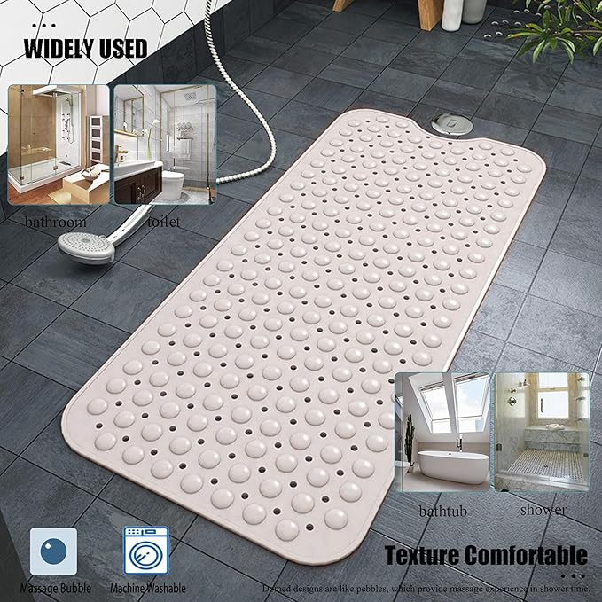 Bathtub and Shower Mats, 28 x 15 Inch Non-Slip Bath Mat, Machine Washable Bath Tub Mat with Suction Cups & Drain Holes for Bathroom, Beige